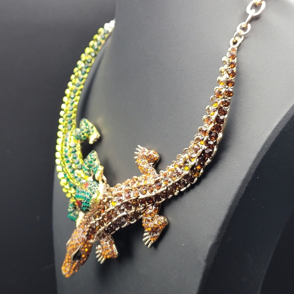 NOS Crystal Alligator Statement Necklace Green & Amber Rhinestone Crocodile Bib - Picture 7 of 15